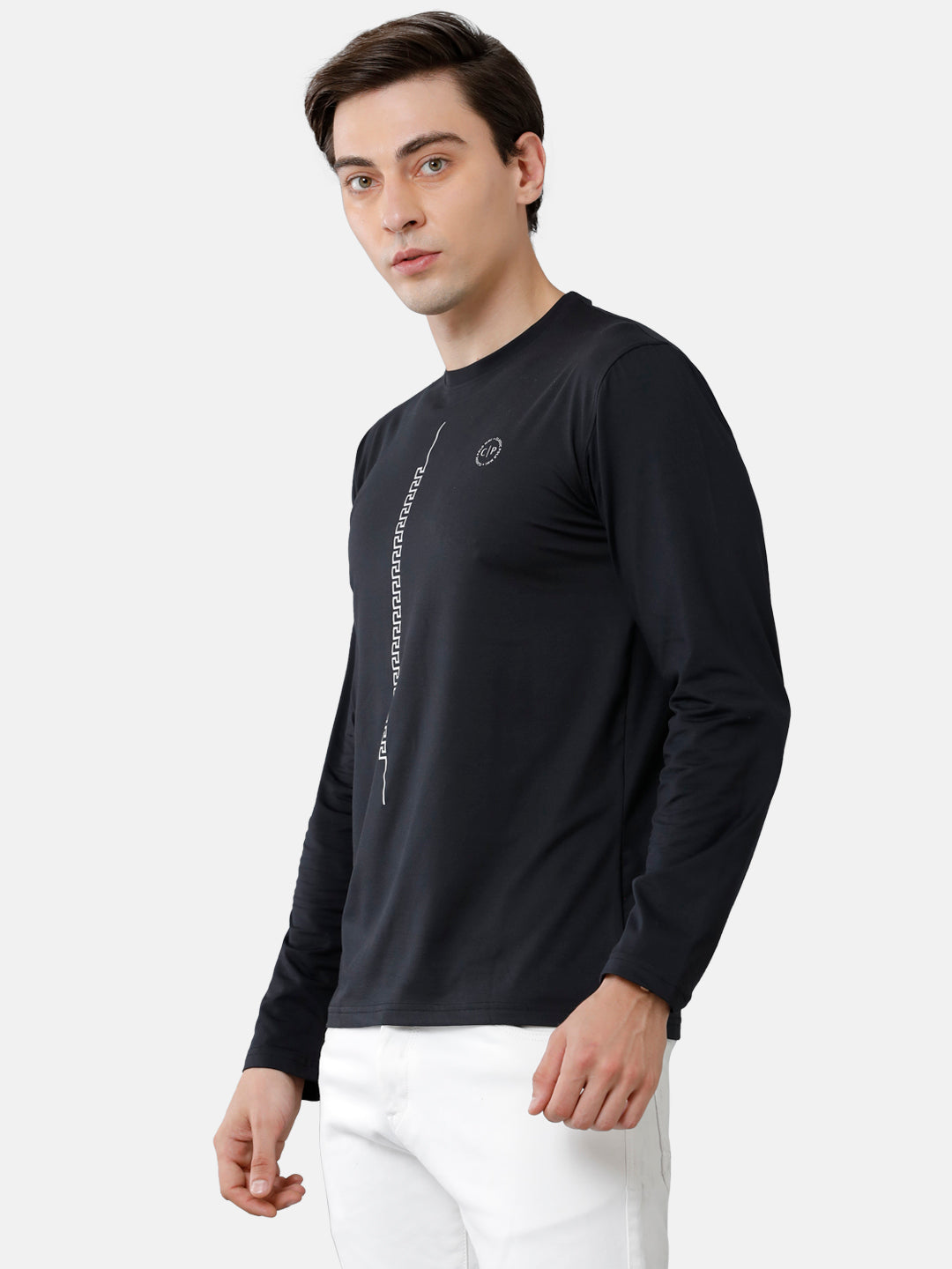 Classic Polo Mens Cotton Full Sleeve Printed Slim Fit Round Neck Black Color T-Shirt | Verno 307