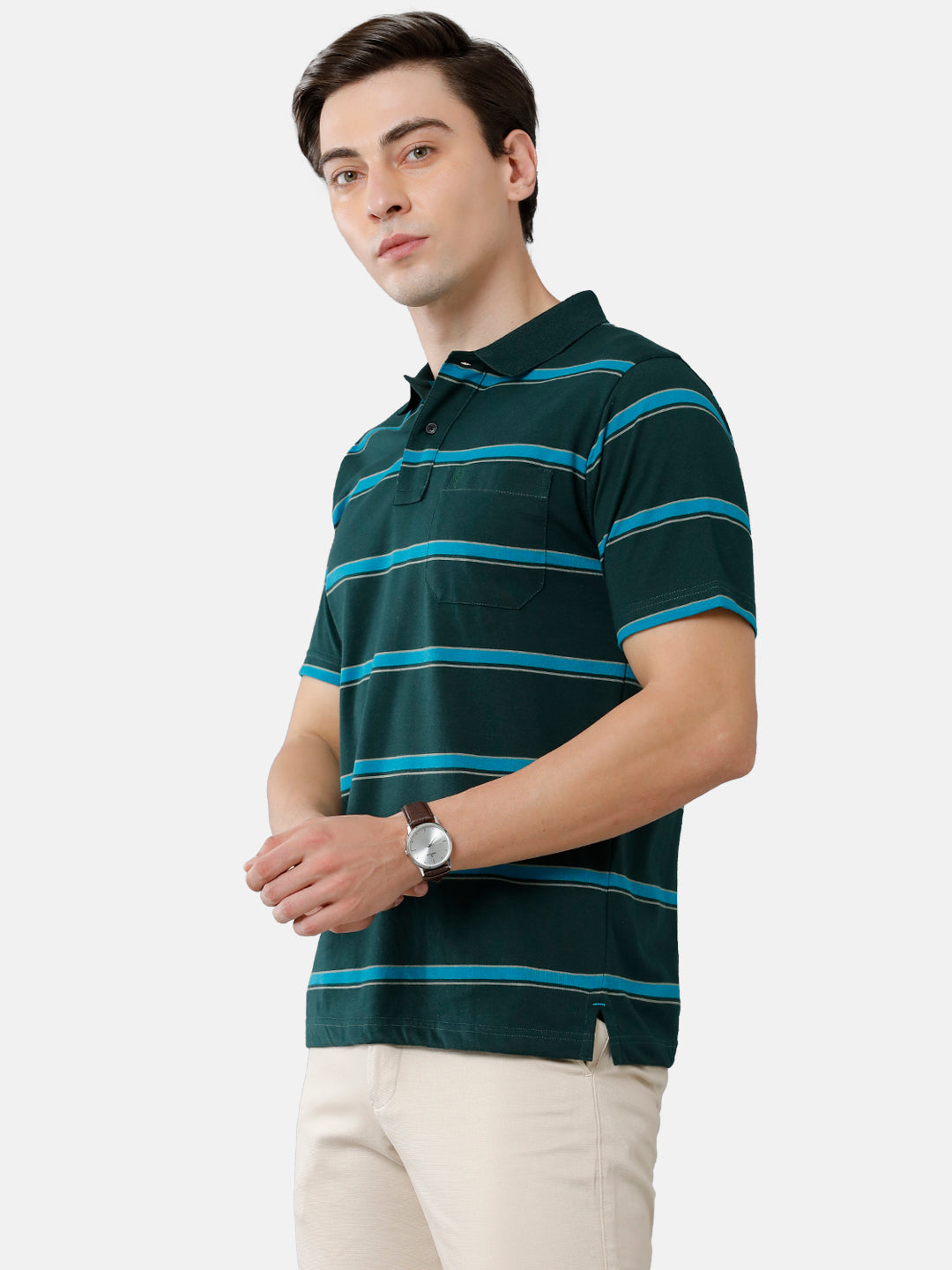 Classic Polo Mens Cotton Blend Half Sleeve Striped Authentic Fit Polo Neck Dark Green Color T-Shirt | Avon 485 B
