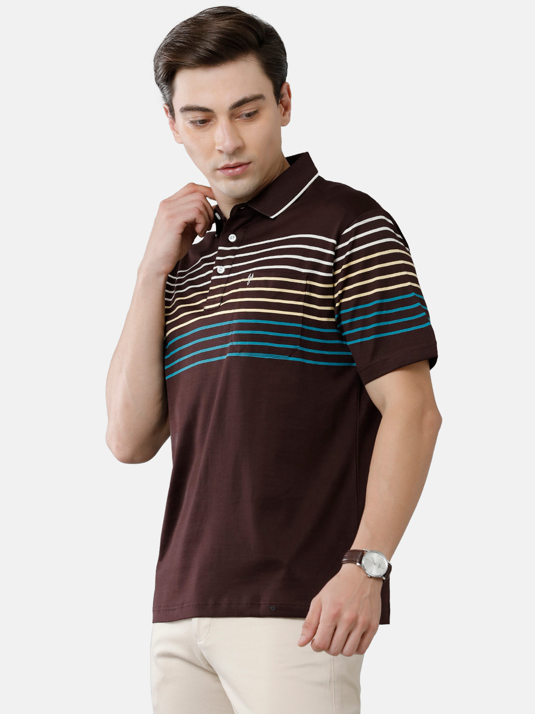 Classic Polo Mens Cotton Striped Authentic Fit Polo Neck Brown Color T-Shirt | Ultimo 275 B