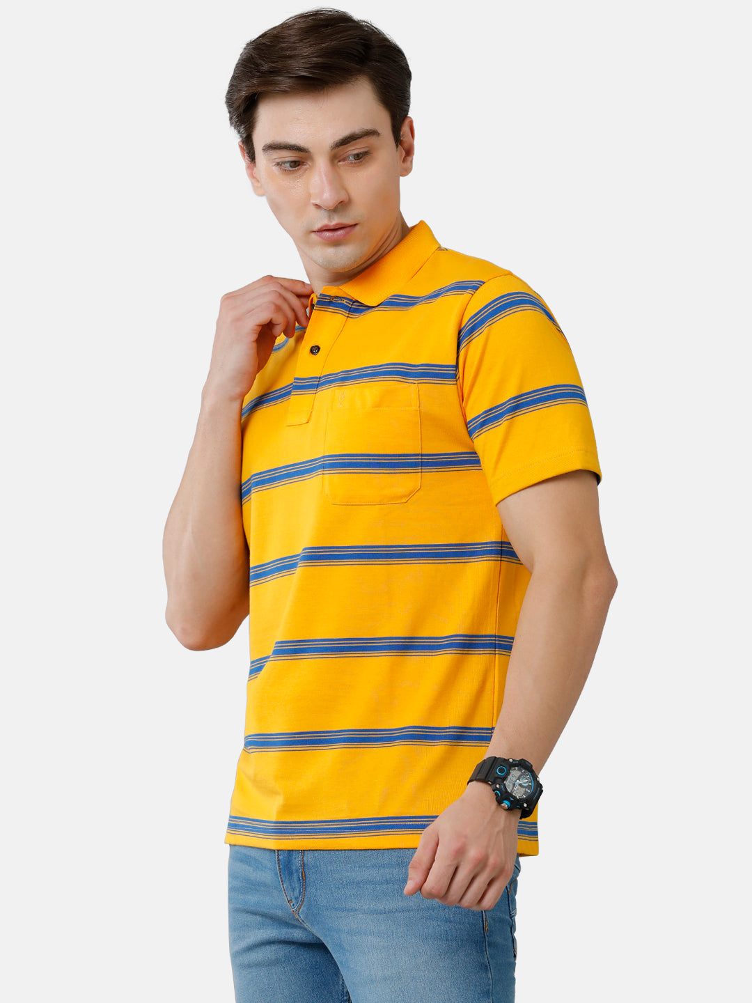 Classic Polo Mens Cotton Blend Half Sleeve Striped Authentic Fit Polo Neck Yellow Color T-Shirt | Avon 508 A
