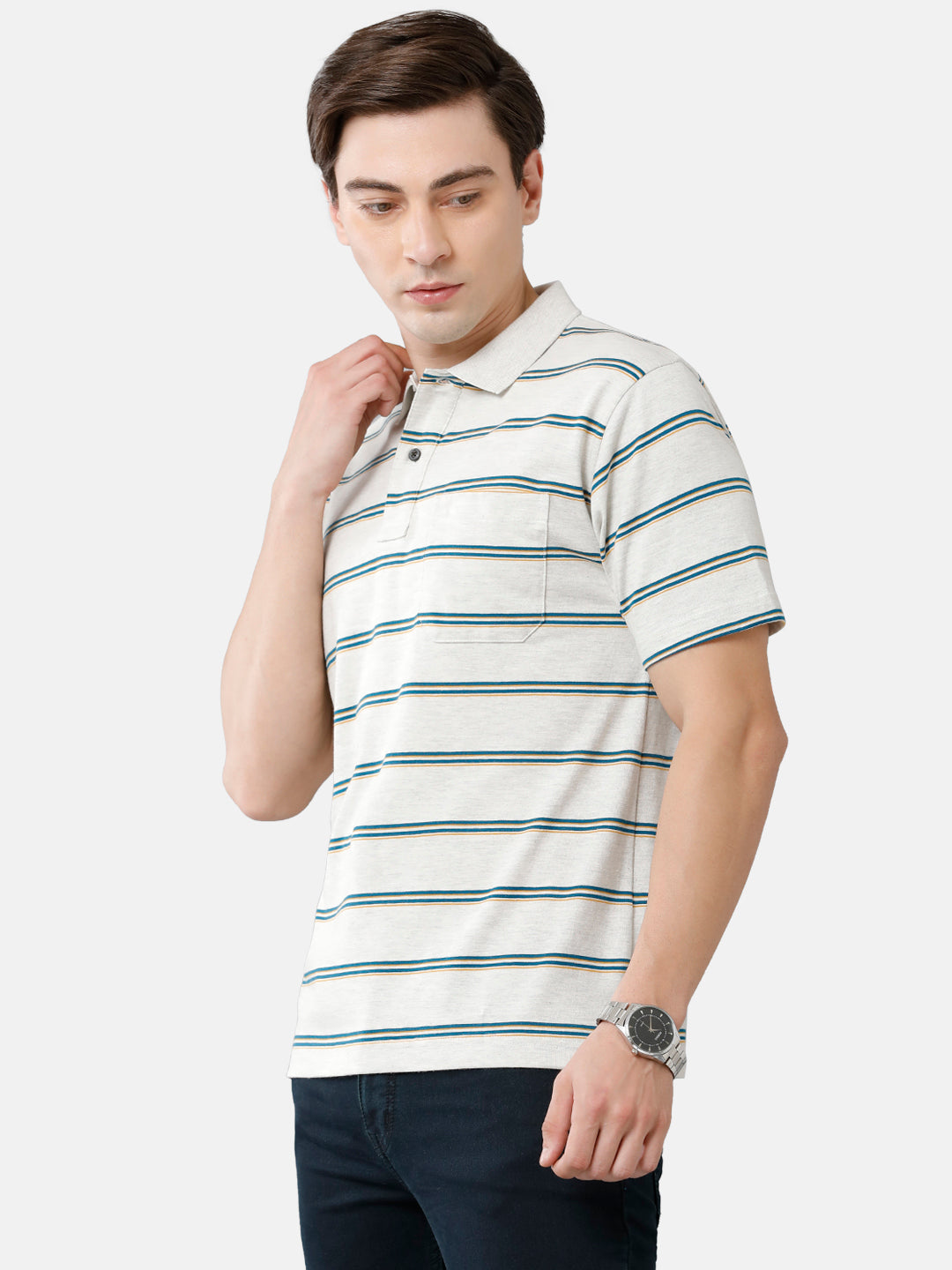 Classic Polo Mens Cotton Blend Striped Authentic Fit Polo Neck Light Grey Color T-Shirt | Avon 480 A
