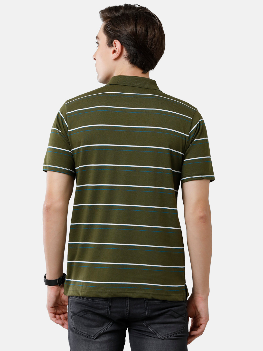Classic Polo Mens Cotton Blend Half Sleeve Striped Authentic Fit Polo Neck Olive Green Color T-Shirt | Avon 484 A