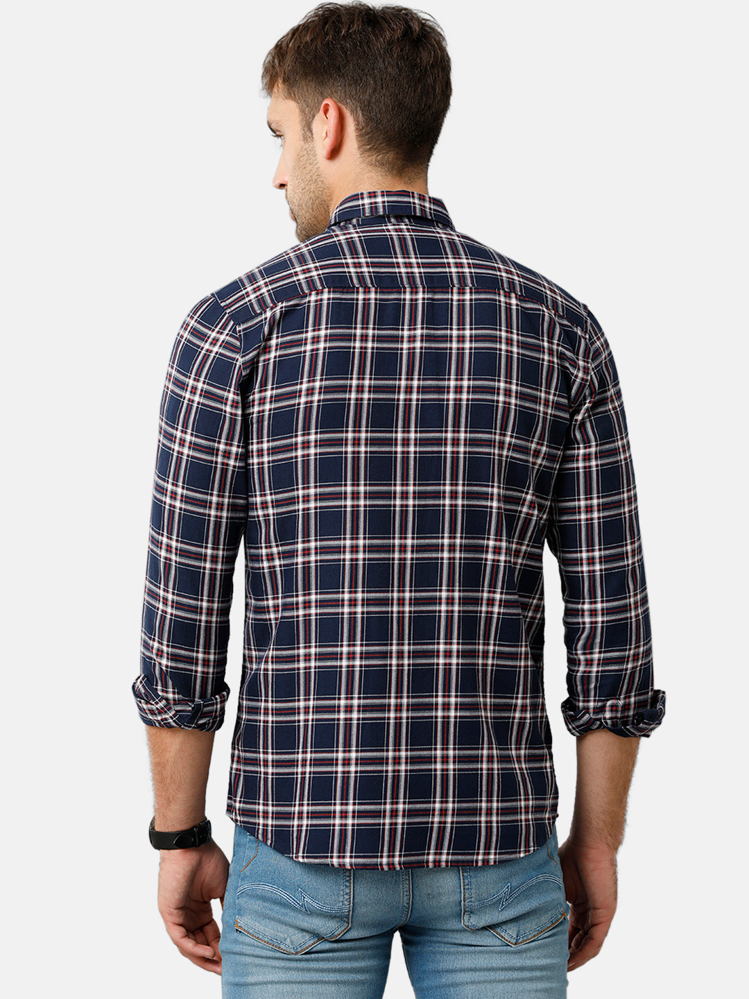 Classic Polo Mens Cotton Full Sleeve Checked Slim Fit Polo Neck Blue Color Woven Shirt | SN1 134 A