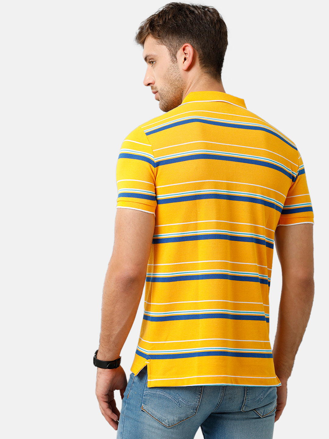 Classic Polo Mens Cotton Blend Half Sleeve Striped Slim Fit Polo Neck Yellow Color T-Shirt | Adore 181 B