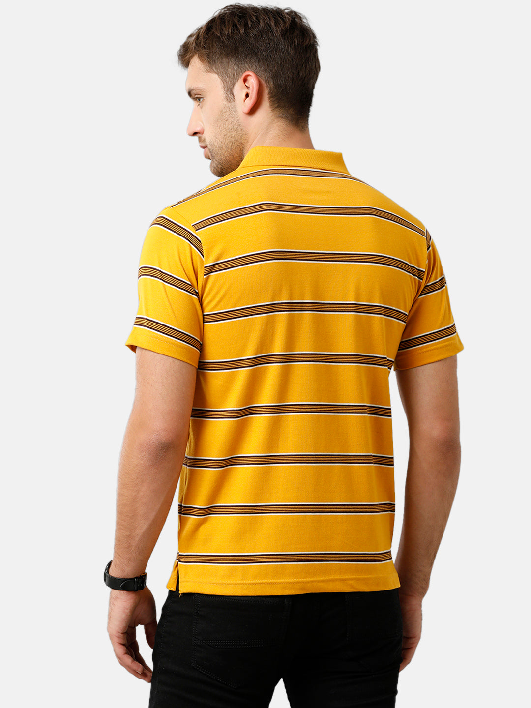 Classic Polo Mens Cotton Blend Half Sleeve Striped Authentic Fit Polo Neck Yellow Color T-Shirt | Avon 481 B