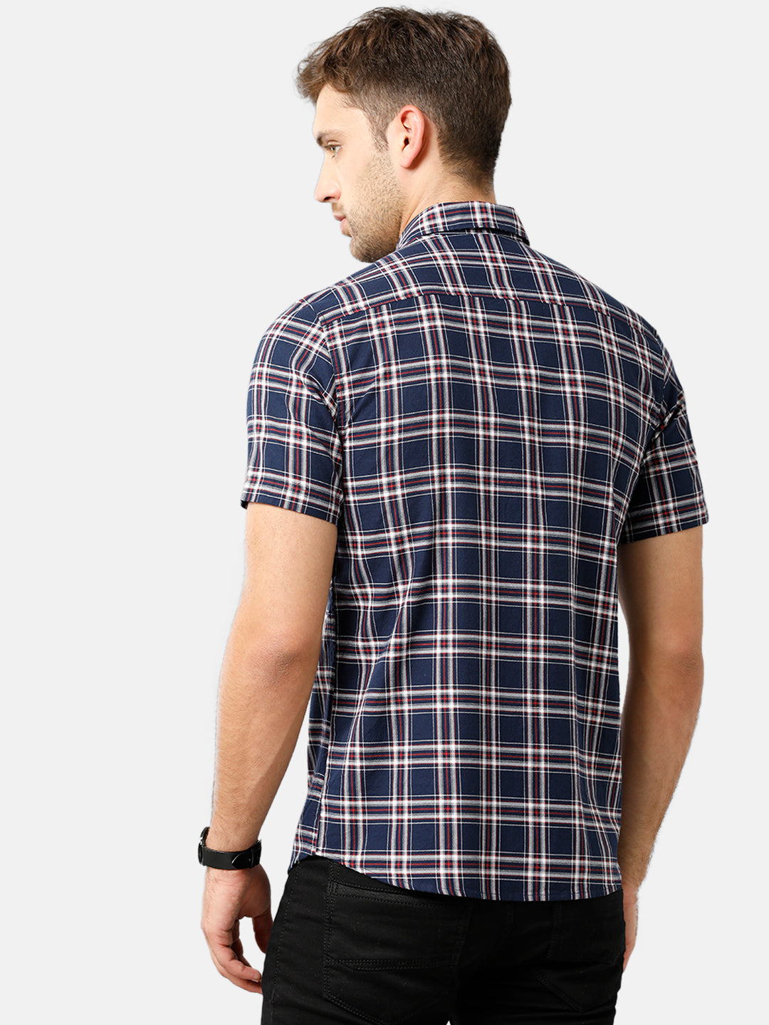 Classic Polo Mens Cotton Half Sleeve Checked Slim Fit Polo Neck Blue Color Woven Shirt | SN1 134 A