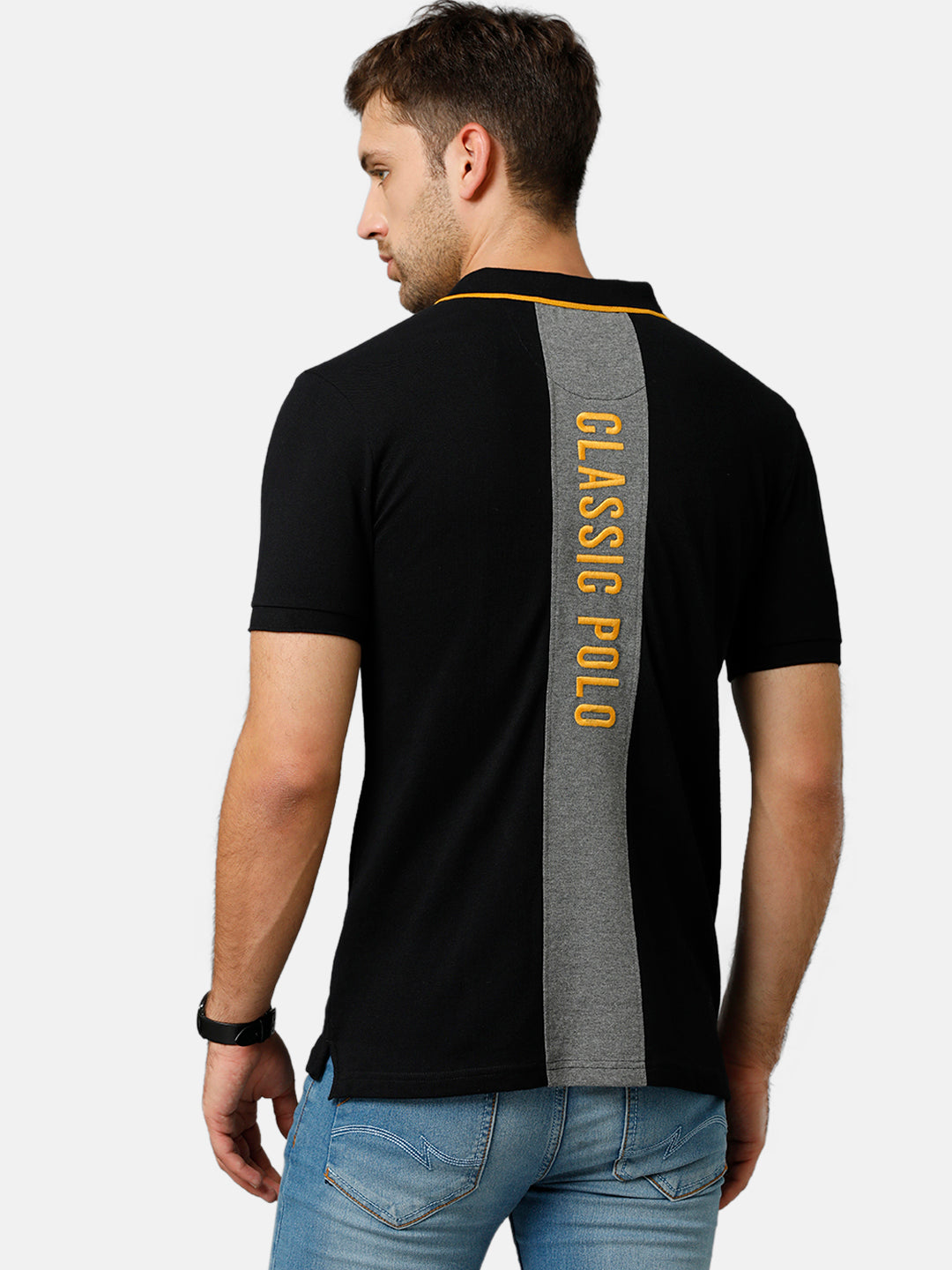 Classic Polo Mens Cotton Half Sleeve Color Block Slim Fit Polo Neck Black Color T-Shirt | Prm 685 A
