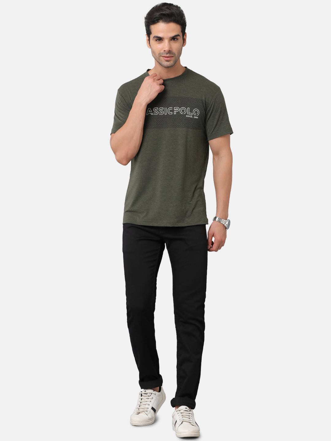 Classic Polo Mens Cotton Chest Print Slim Fit Round Neck Green Color T-Shirt | Baleno 483