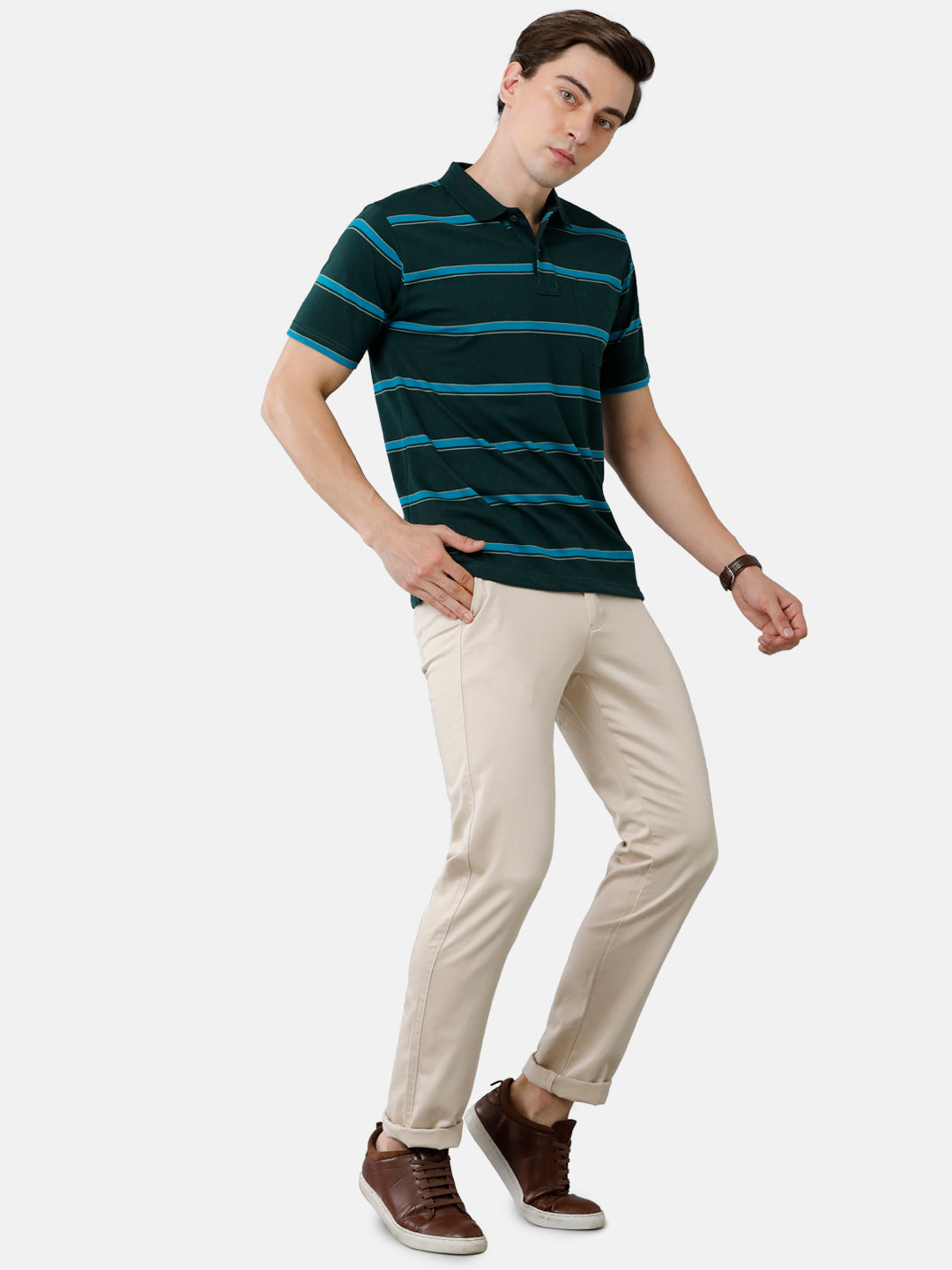 Classic Polo Mens Cotton Blend Half Sleeve Striped Authentic Fit Polo Neck Dark Green Color T-Shirt | Avon 485 B