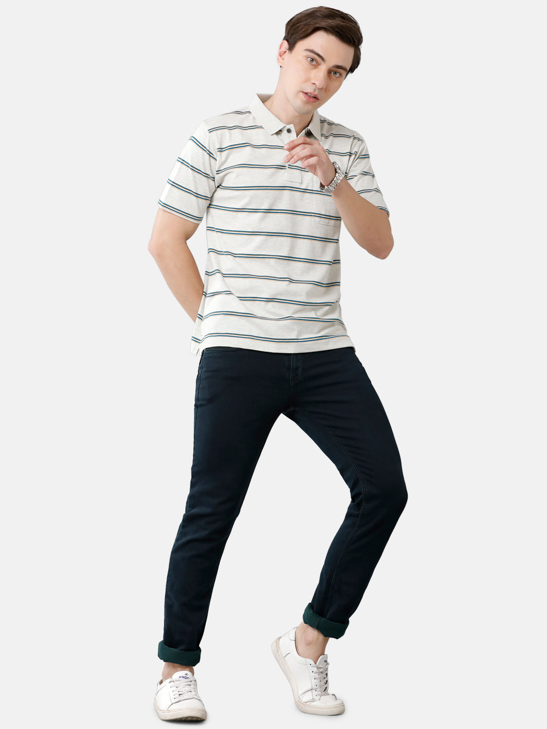 Classic Polo Mens Cotton Blend Striped Authentic Fit Polo Neck Light Grey Color T-Shirt | Avon 480 A