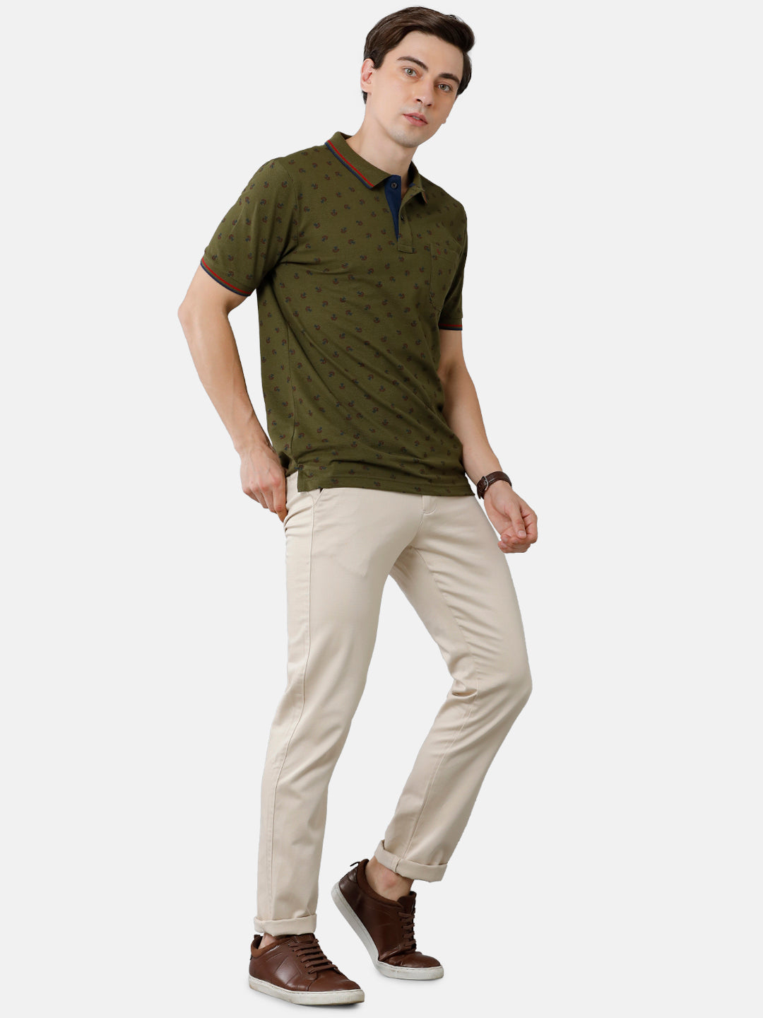 Classic Polo Mens Cotton Printed Slim Fit Polo Neck Olive Green Color T-Shirt | Beau 181 B