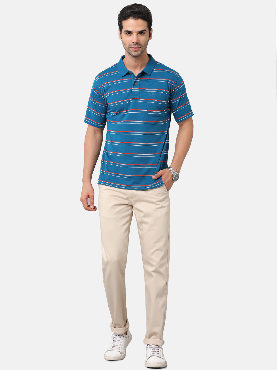 Classic Polo Mens Cotton Blend Striped Authentic Fit Polo Neck Blue Color T-Shirt | Avon 484b