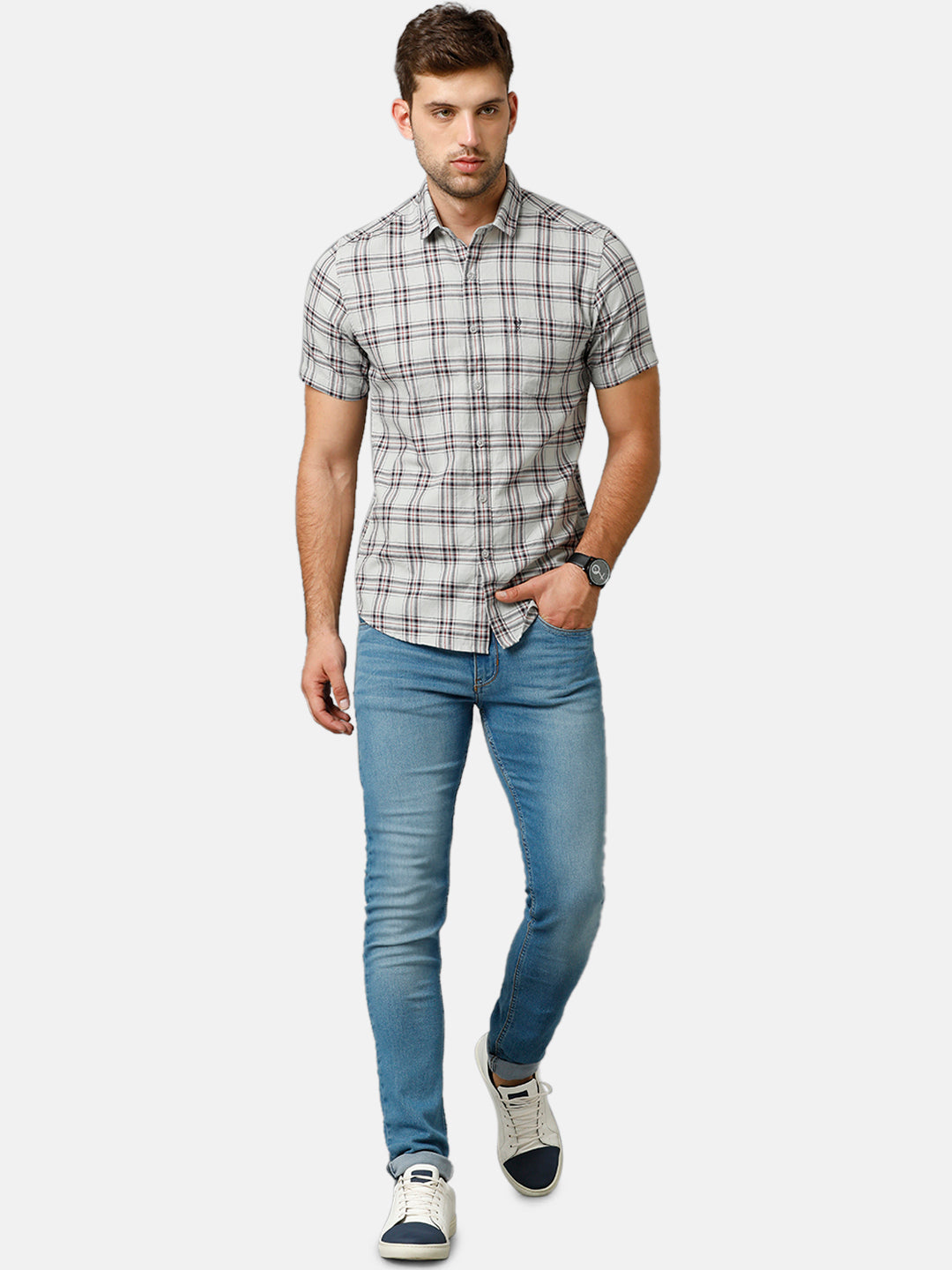 Classic Polo Mens Cotton Half Sleeve Checked Slim Fit Polo Neck Light Green Color Woven Shirt | SN1 134 B