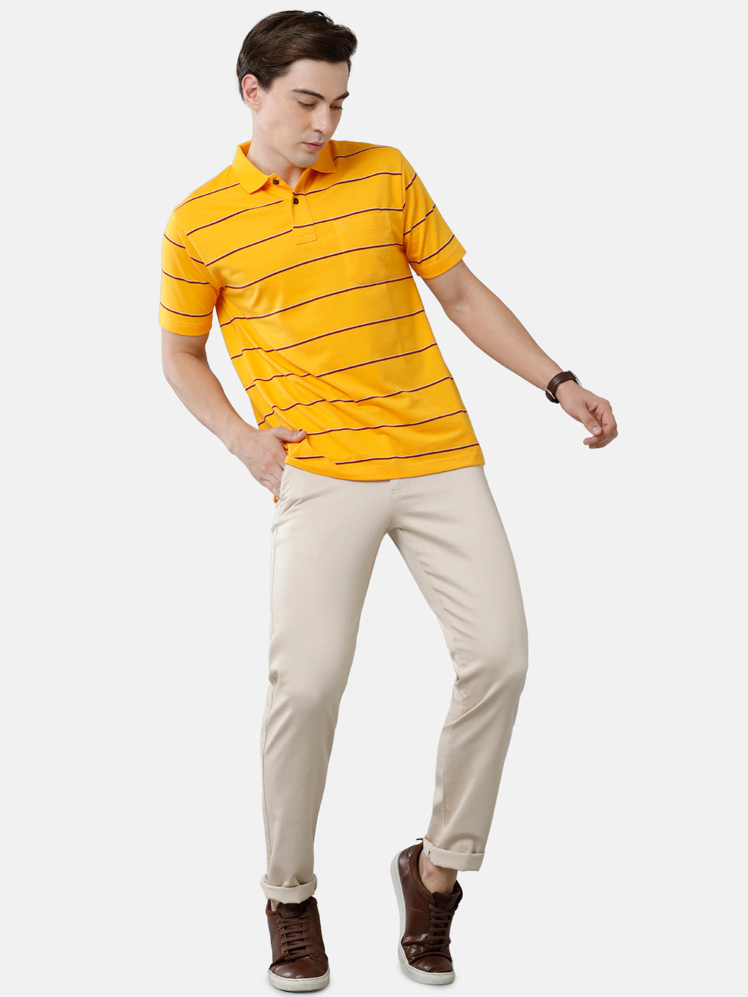 Classic Polo Mens Cotton Blend Striped Authentic Fit Polo Neck Yellow Color T-Shirt | Avon 506 A