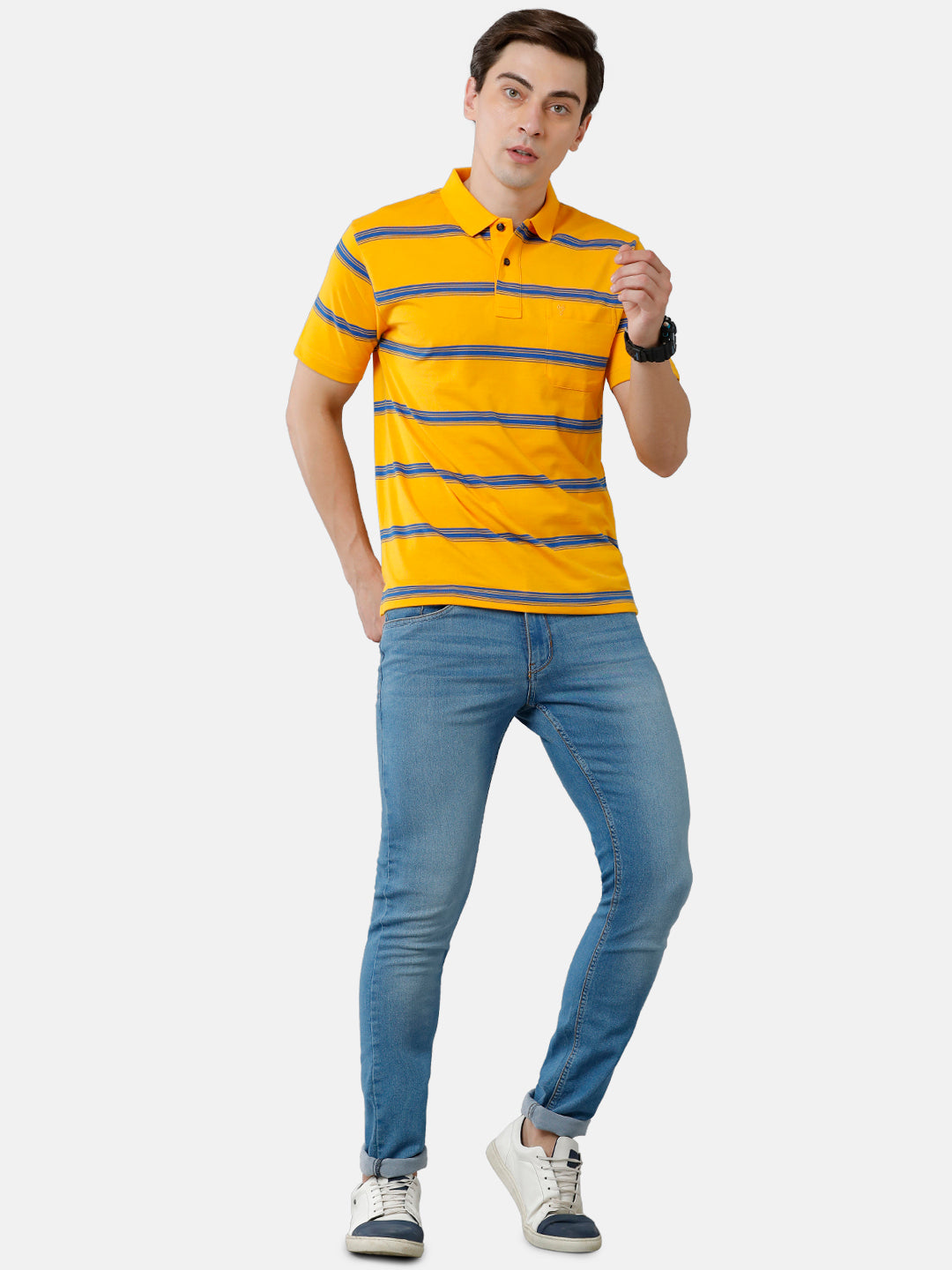 Classic Polo Mens Cotton Blend Half Sleeve Striped Authentic Fit Polo Neck Yellow Color T-Shirt | Avon 508 A