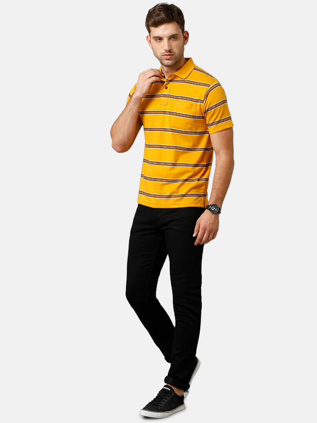 Classic Polo Mens Cotton Blend Half Sleeve Striped Authentic Fit Polo Neck Yellow Color T-Shirt | Avon 481 B
