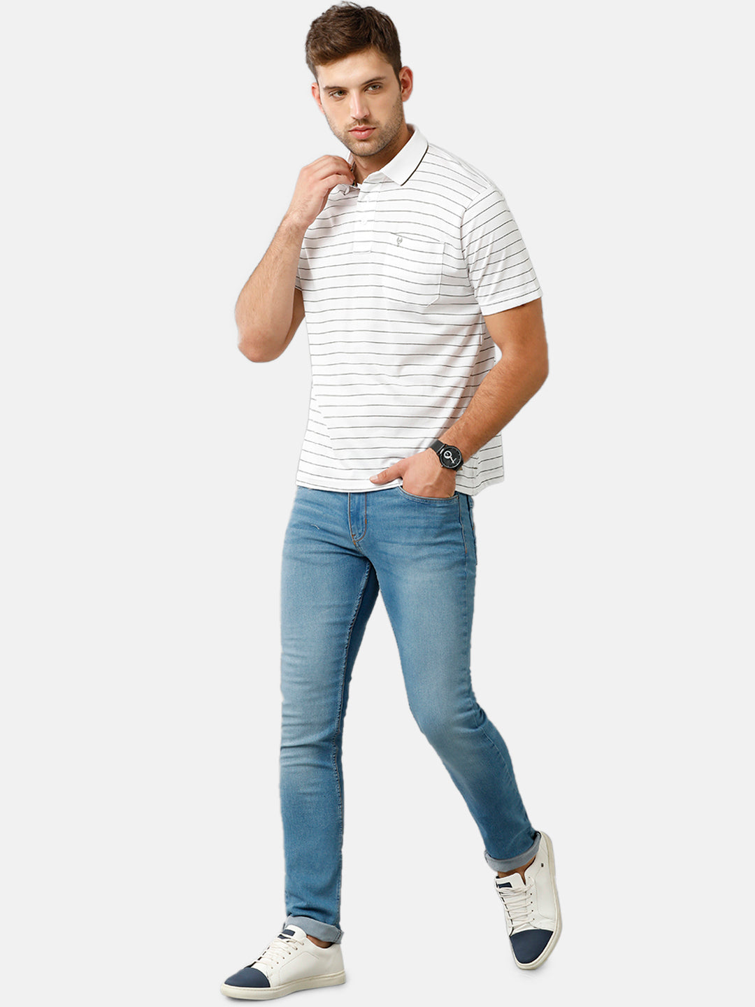 Classic Polo Mens Cotton Half Sleeve Striped Authentic Fit Polo Neck White Color T-Shirt | Ultimo 271 A