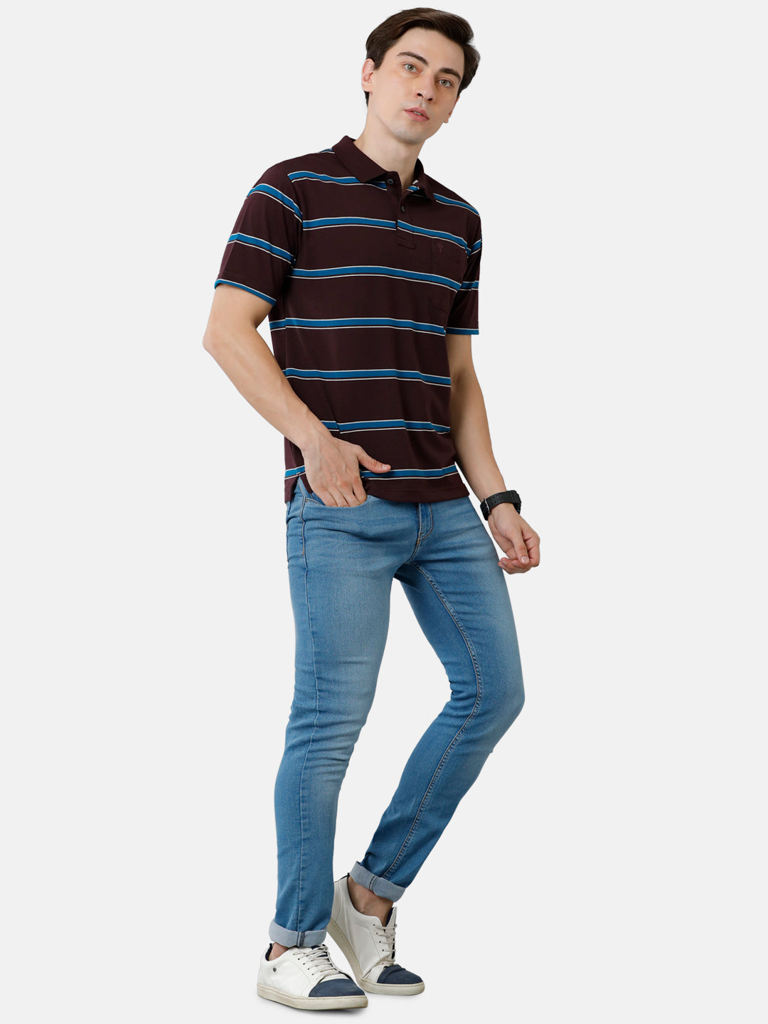 Classic Polo Mens Cotton Blend Half Sleeve Striped Authentic Fit Polo Neck Brown Color T-Shirt | Avon 485 A