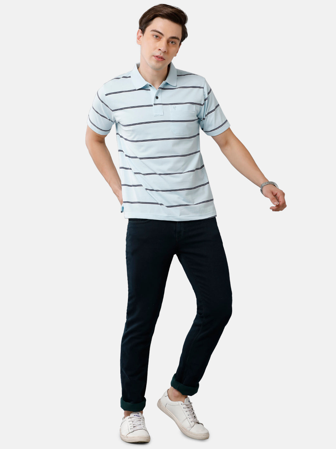 Classic Polo Mens Cotton Blend Striped Authentic Fit Polo Neck Sky Blue Color T-Shirt | Avon 476 B