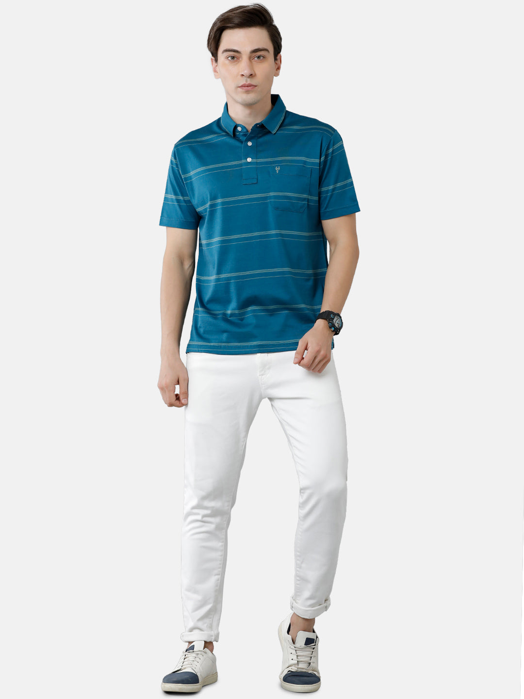 Classic Polo Mens Cotton Striped Authentic Fit Polo Neck Azure Blue Color T-Shirt | Ultimo 278 B