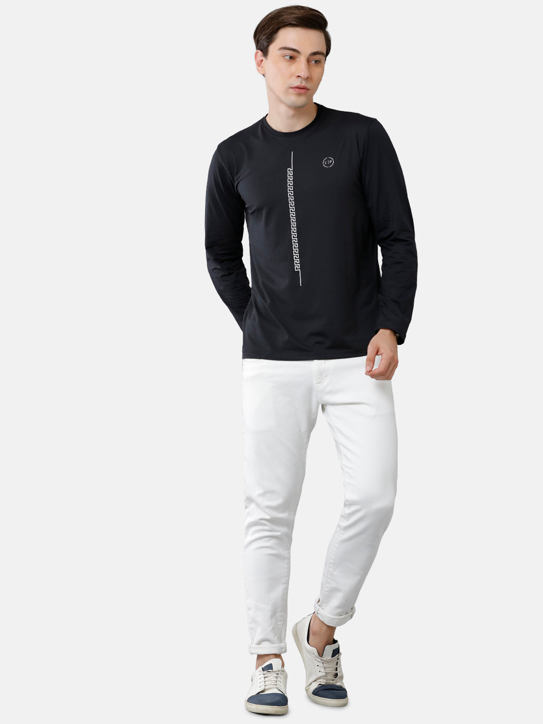 Classic Polo Mens Cotton Full Sleeve Printed Slim Fit Round Neck Black Color T-Shirt | Verno 307