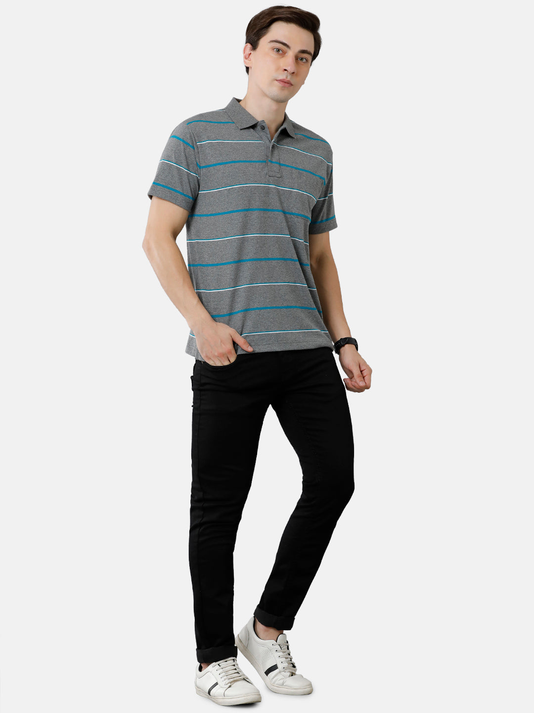 Classic Polo Mens Cotton Blend Striped Authentic Fit Polo Neck Dark Grey Color T-Shirt | Avon 483 B