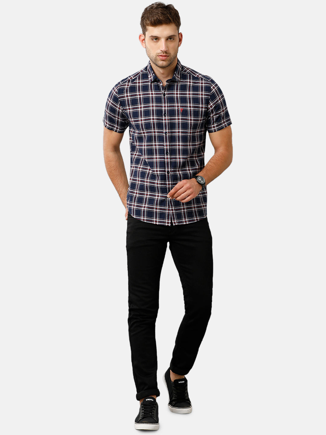 Classic Polo Mens Cotton Half Sleeve Checked Slim Fit Polo Neck Blue Color Woven Shirt | SN1 134 A