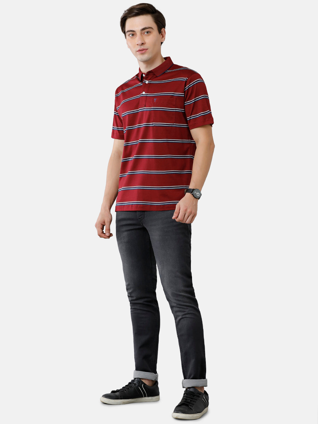 Classic Polo Mens Cotton Striped Authentic Fit Polo Neck Maroon Color T-Shirt | Ultimo 277 B