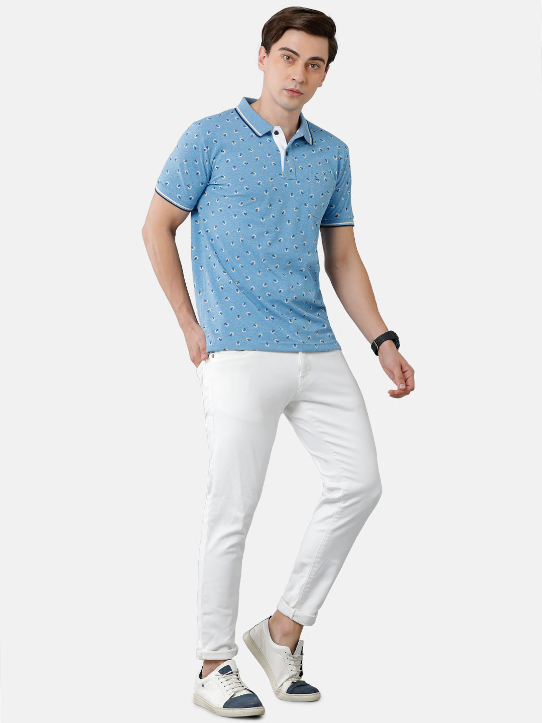 Classic Polo Mens Cotton Printed Slim Fit Polo Neck Blue Color T-Shirt | Beau 181 A