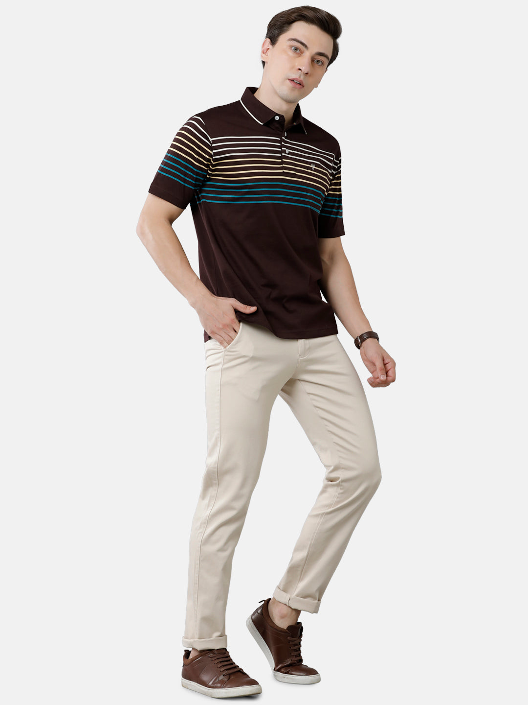 Classic Polo Mens Cotton Striped Authentic Fit Polo Neck Brown Color T-Shirt | Ultimo 275 B