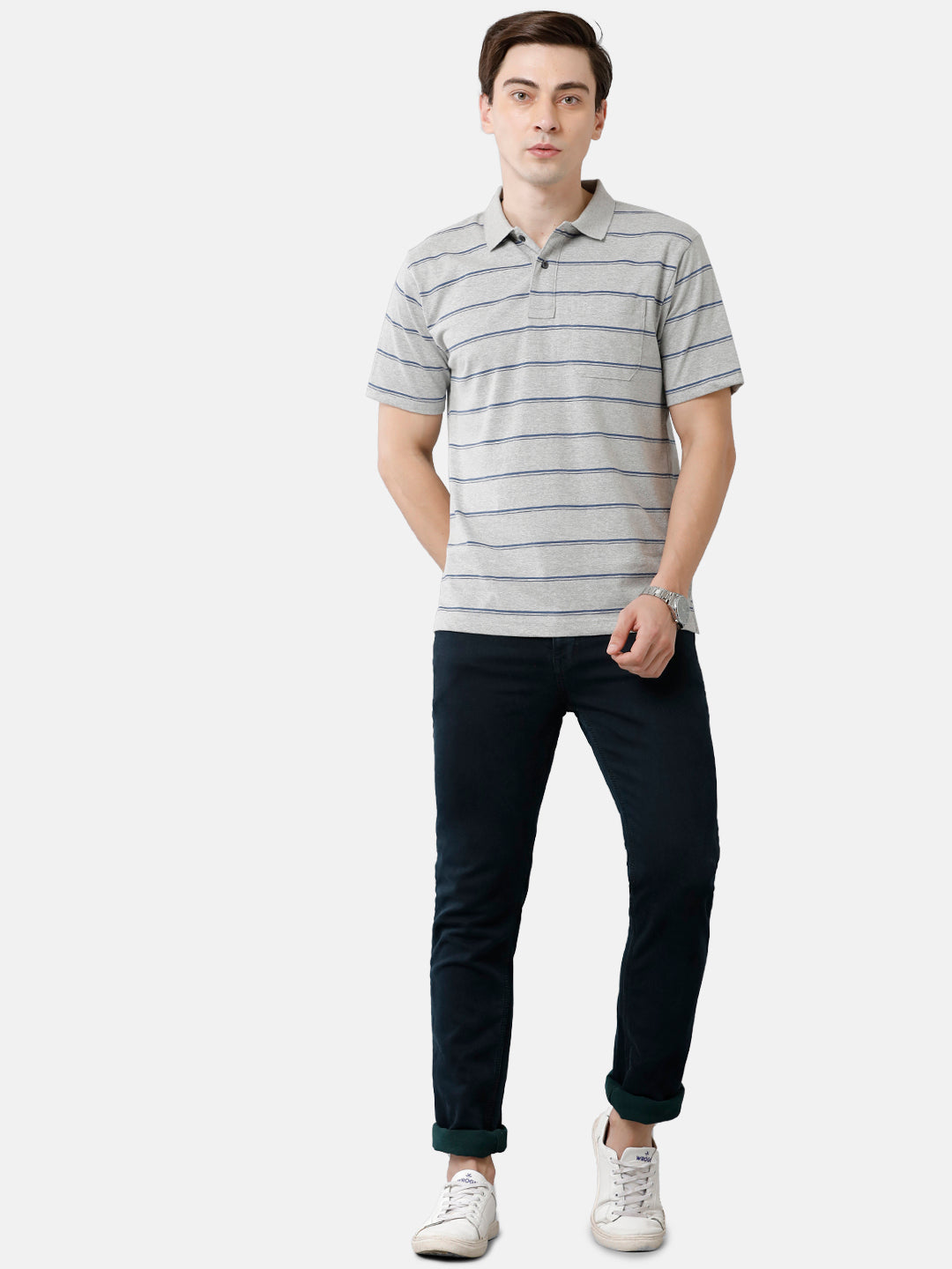 Classic Polo Mens Cotton Blend Striped Authentic Fit Polo Neck Grey Color T-Shirt | Avon 479 A