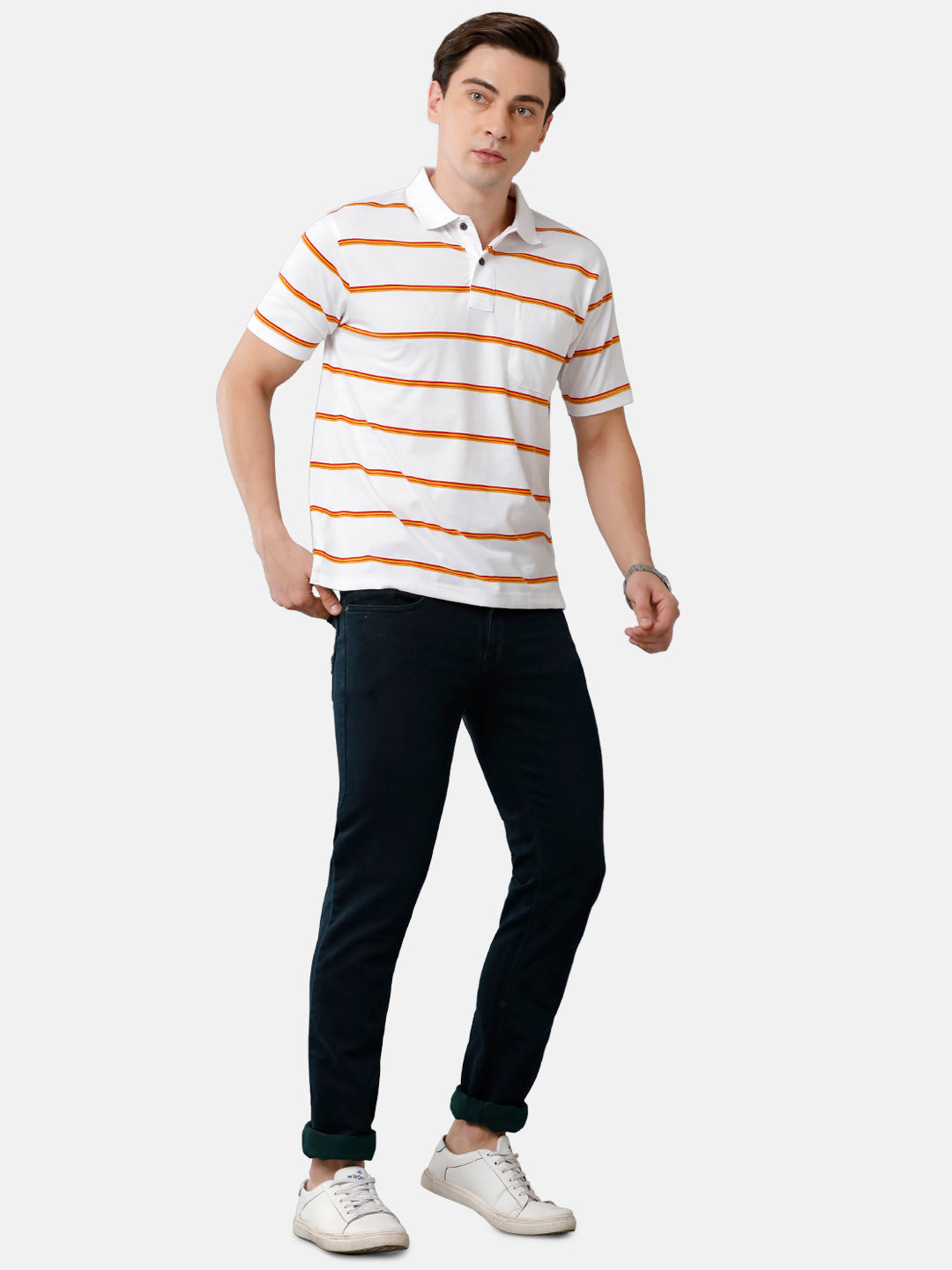 Classic Polo Mens Cotton Blend Striped Authentic Fit Polo Neck White Color T-Shirt | Avon 476 A