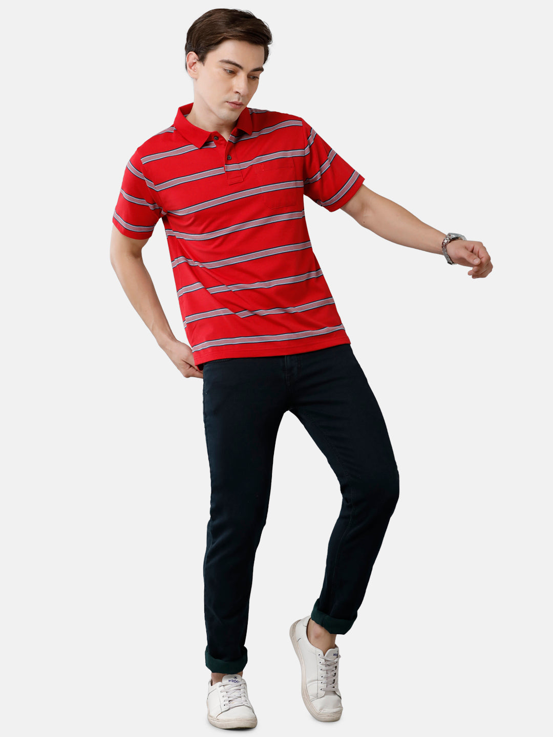 Classic Polo Mens Cotton Blend Striped Authentic Fit Polo Neck Red Color T-Shirt | Avon 481 A