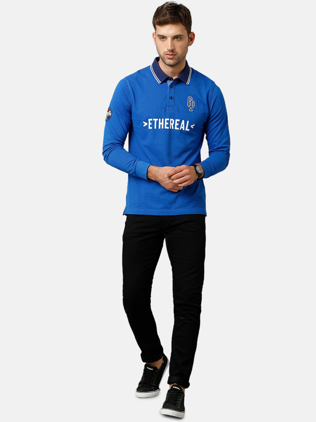 Classic Polo Mens Cotton Full Sleeve Printed Slim Fit Polo Neck Blue Color T-Shirt | Verno 254 B R