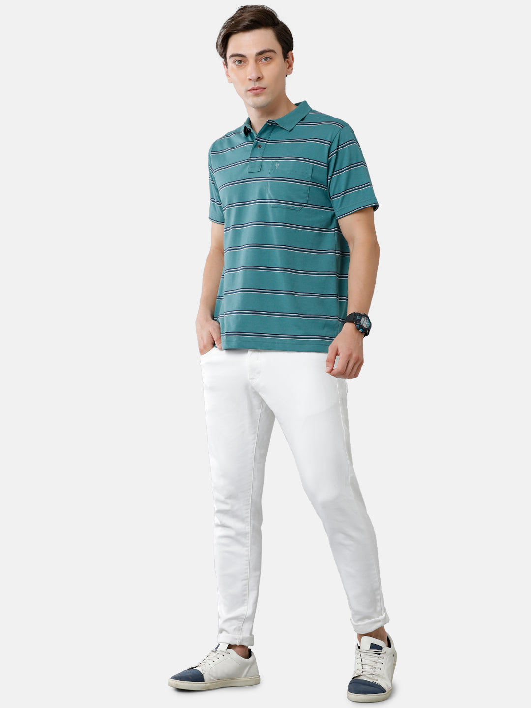 Classic Polo Mens Cotton Blend Half Sleeve Striped Authentic Fit Polo Neck Green Color T-Shirt | Avon 480 B