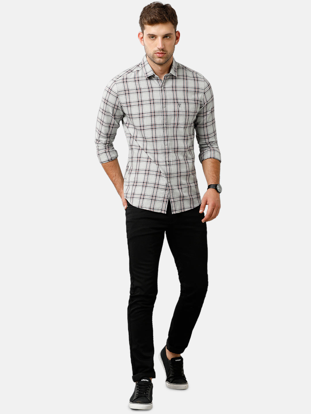 Classic Polo Mens Cotton Full Sleeve Checked Slim Fit Polo Neck Light Green Color Woven Shirt | SN1 134 B