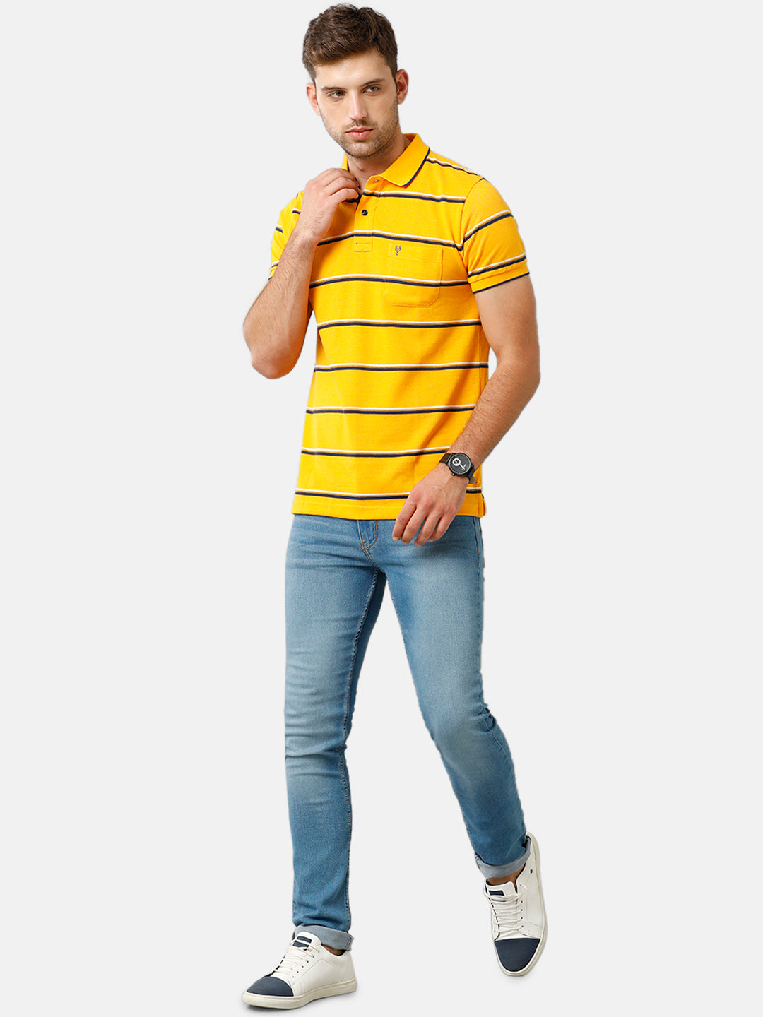 Classic Polo Mens Cotton Blend Half Sleeve Striped Slim Fit Polo Neck Yellow Color T-Shirt | Nitro 237 A