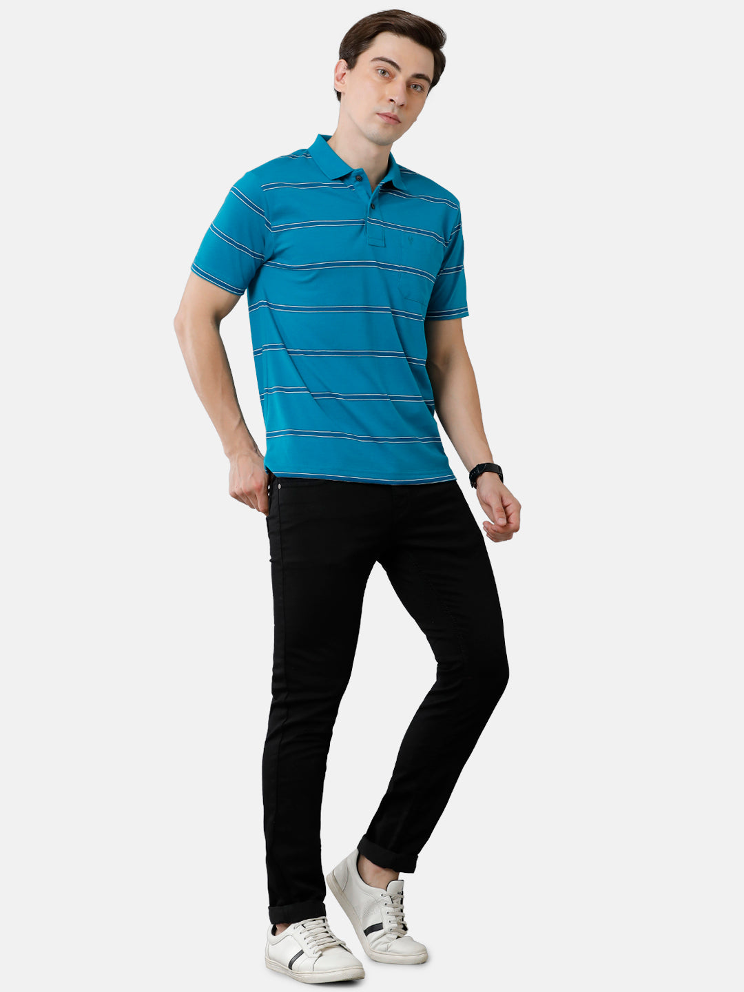 Classic Polo Mens Cotton Blend Striped Authentic Fit Polo Neck Blue Color T-Shirt | Avon 482 A