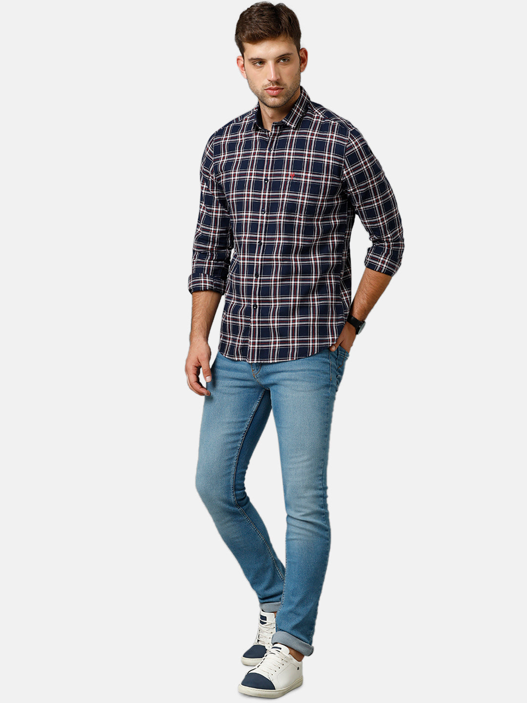 Classic Polo Mens Cotton Full Sleeve Checked Slim Fit Polo Neck Blue Color Woven Shirt | SN1 134 A