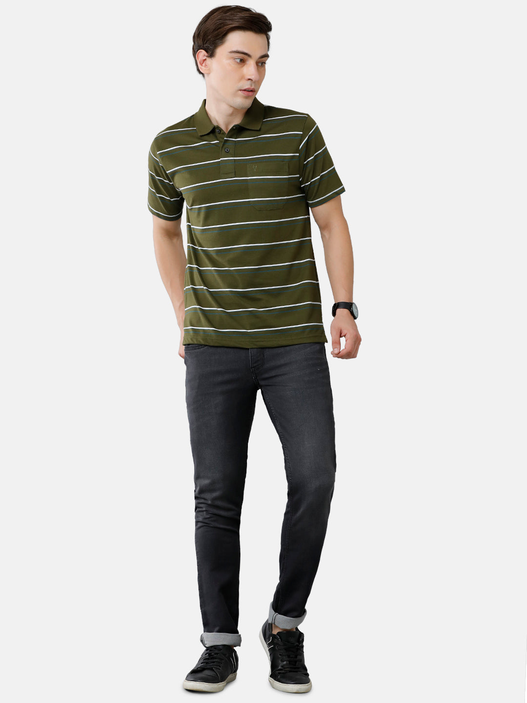 Classic Polo Mens Cotton Blend Half Sleeve Striped Authentic Fit Polo Neck Olive Green Color T-Shirt | Avon 484 A