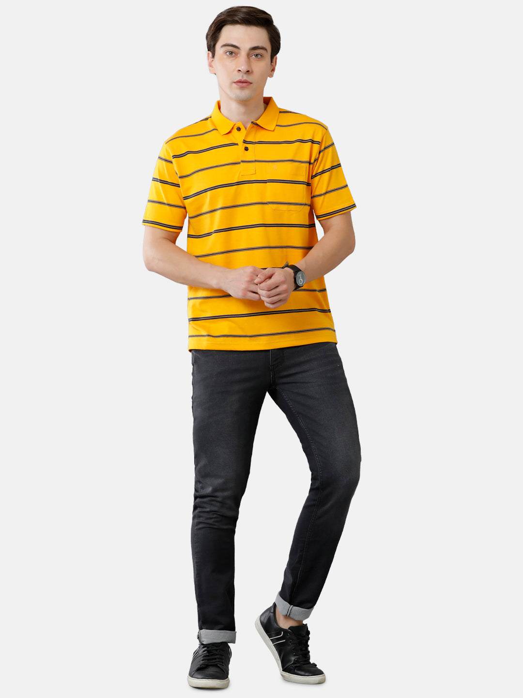 Classic Polo Mens Cotton Blend Striped Authentic Fit Polo Neck Yellow Color T-Shirt | Avon 507 B