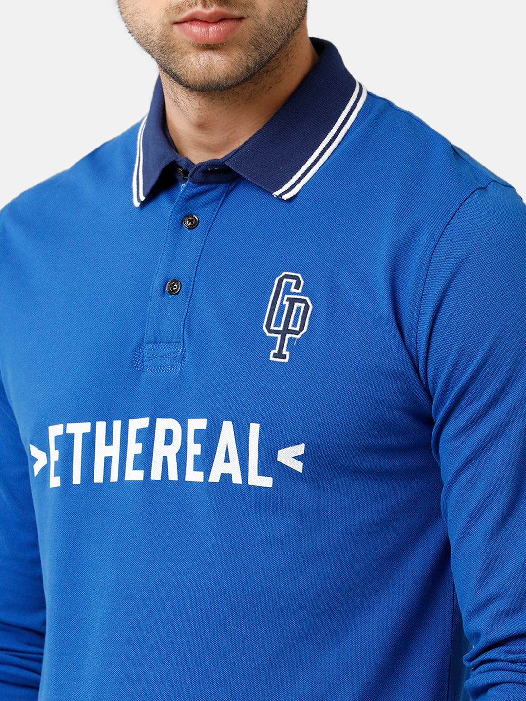 Classic Polo Mens Cotton Full Sleeve Printed Slim Fit Polo Neck Blue Color T-Shirt | Verno 254 B R