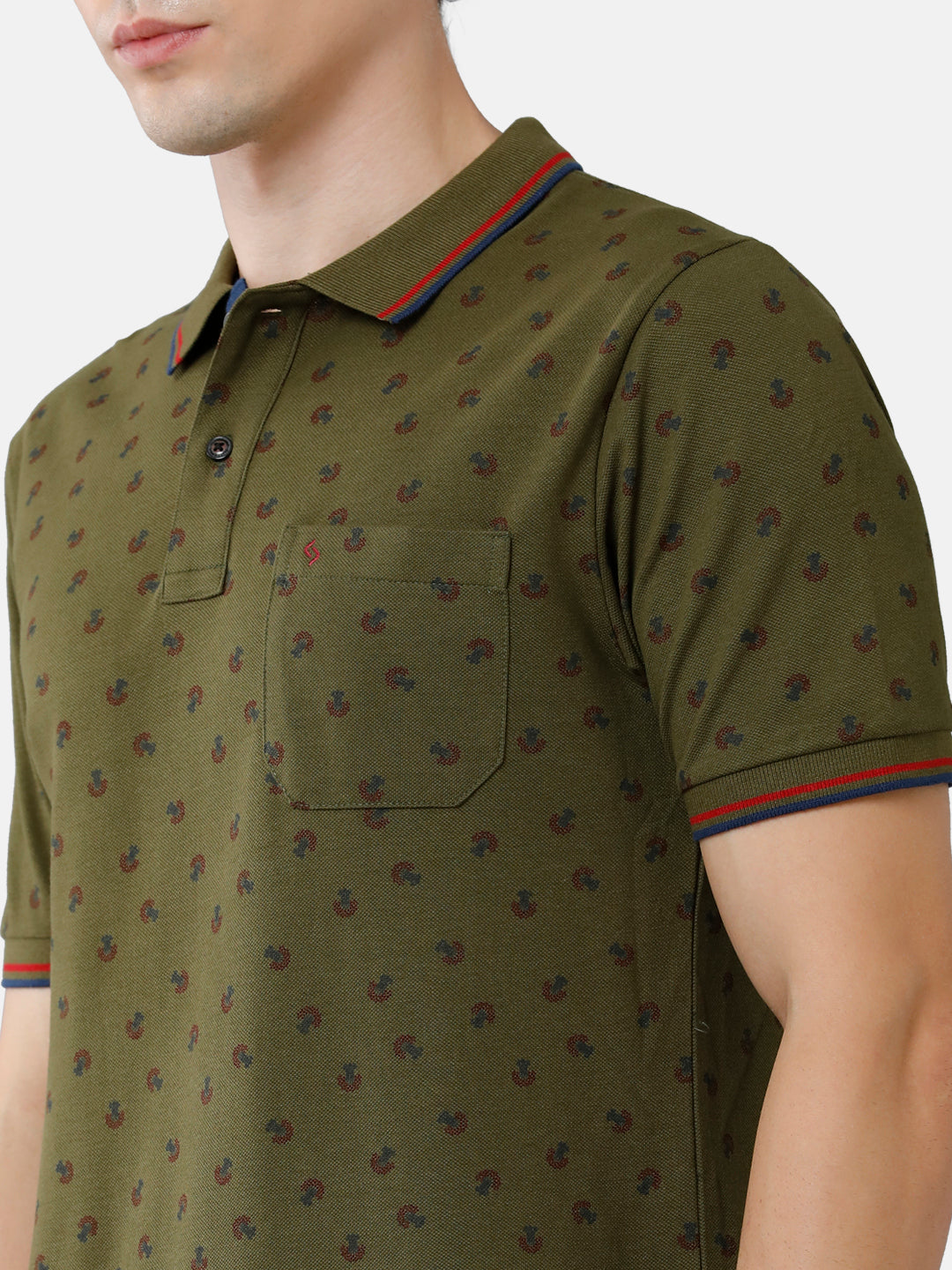 Classic Polo Mens Cotton Printed Slim Fit Polo Neck Olive Green Color T-Shirt | Beau 181 B