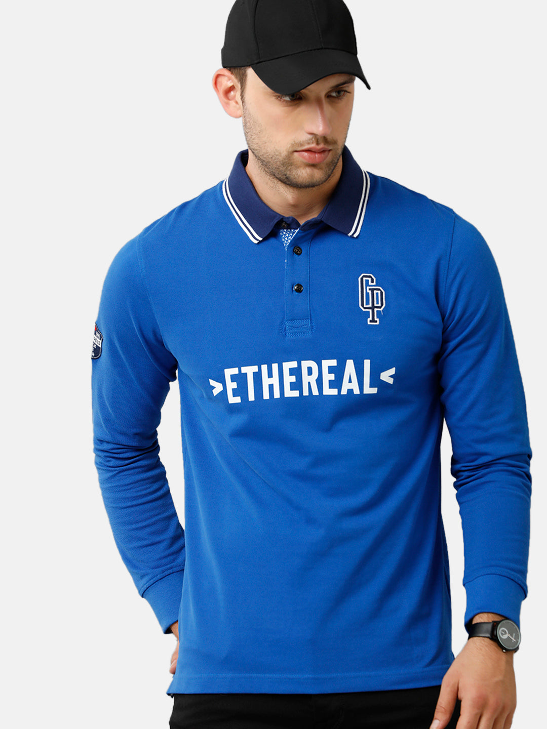 Classic Polo Mens Cotton Full Sleeve Printed Slim Fit Polo Neck Blue Color T-Shirt | Verno 254 B R