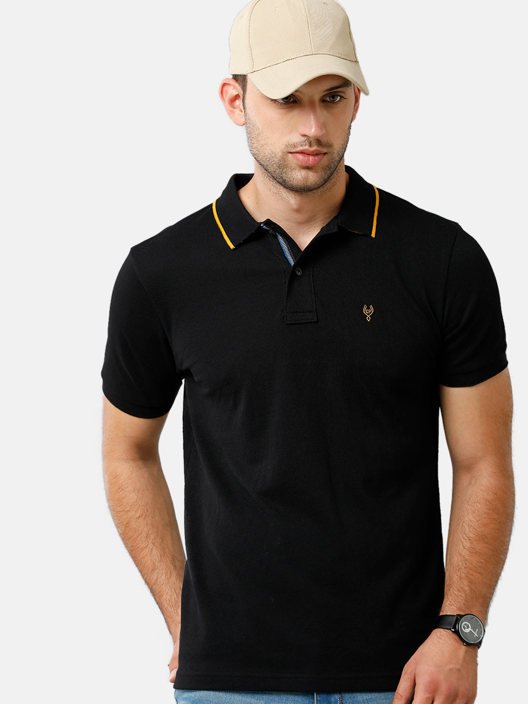 Classic Polo Mens Cotton Half Sleeve Color Block Slim Fit Polo Neck Black Color T-Shirt | Prm 685 A