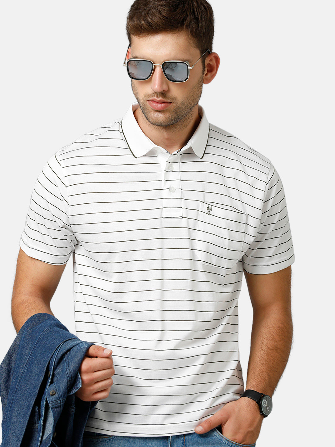 Classic Polo Mens Cotton Half Sleeve Striped Authentic Fit Polo Neck White Color T-Shirt | Ultimo 271 A