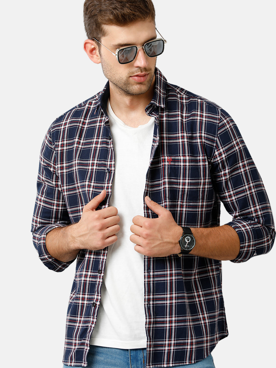 Classic Polo Mens Cotton Full Sleeve Checked Slim Fit Polo Neck Blue Color Woven Shirt | SN1 134 A
