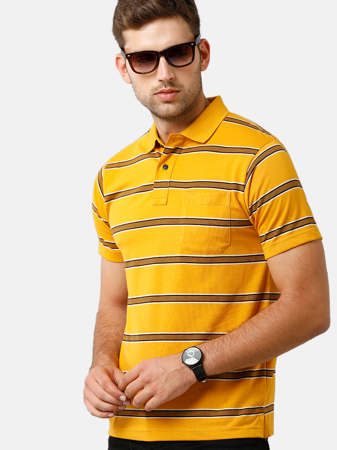 Classic Polo Mens Cotton Blend Half Sleeve Striped Authentic Fit Polo Neck Yellow Color T-Shirt | Avon 481 B