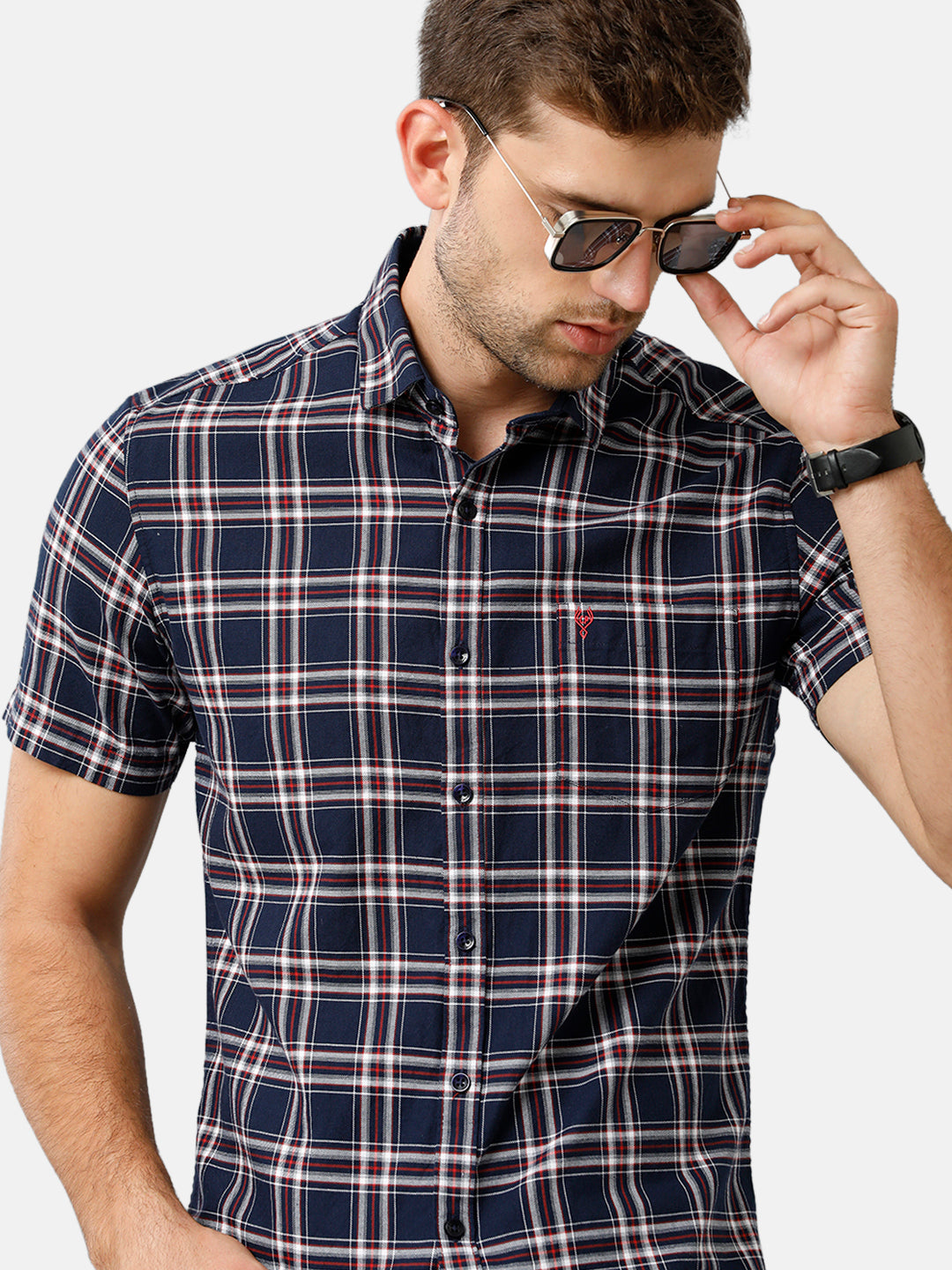 Classic Polo Mens Cotton Half Sleeve Checked Slim Fit Polo Neck Blue Color Woven Shirt | SN1 134 A