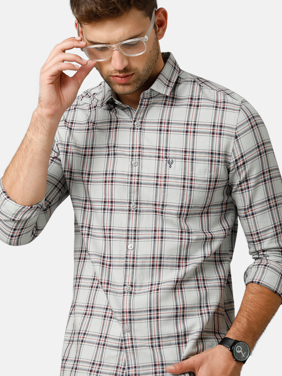 Classic Polo Mens Cotton Full Sleeve Checked Slim Fit Polo Neck Light Green Color Woven Shirt | SN1 134 B
